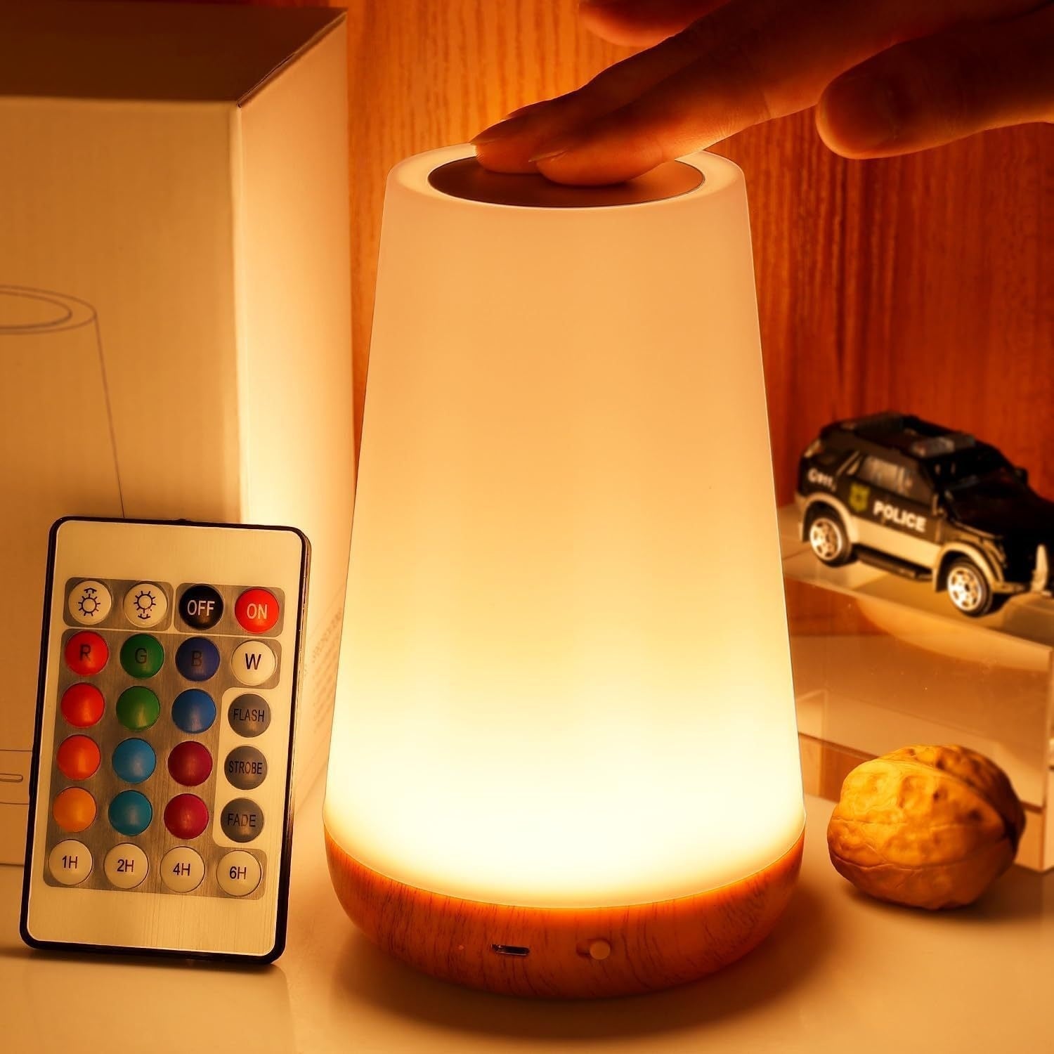 Smart LED Wood Grain Touch Lamp with Remote Control – Home & Bedroom Decor